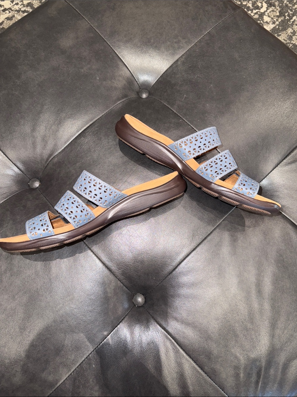 Clarks Women's Kitly Walk Light Blue Triple-Strap Laser-Cut Slide Sandals - Picture 6 of 13